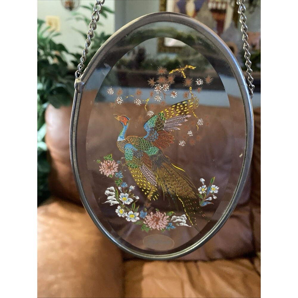 Vintage Lyford USA Peacock Painted on Glass w/Hanging Chain Sun Catcher